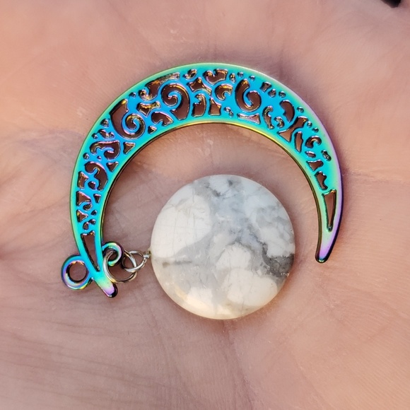 New Carved Rainbow Titanium Hanging Cresent Moon Round Howlite Pendant. - Picture 3 of 4